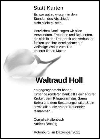 Traueranzeige von Waltraud Holl von HNA
