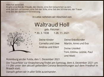 Traueranzeige von Waltraud Holl von HNA