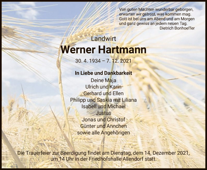  Traueranzeige für Werner Hartmann vom 11.12.2021 aus HNA