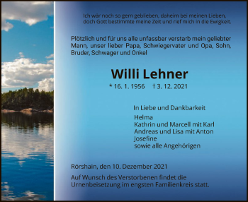 Traueranzeige von Willi Lehner von HNA