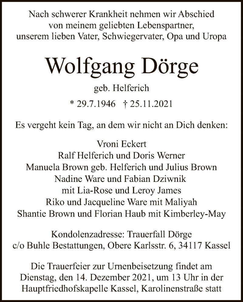  Traueranzeige für Wolfgang Dörge vom 08.12.2021 aus HNA