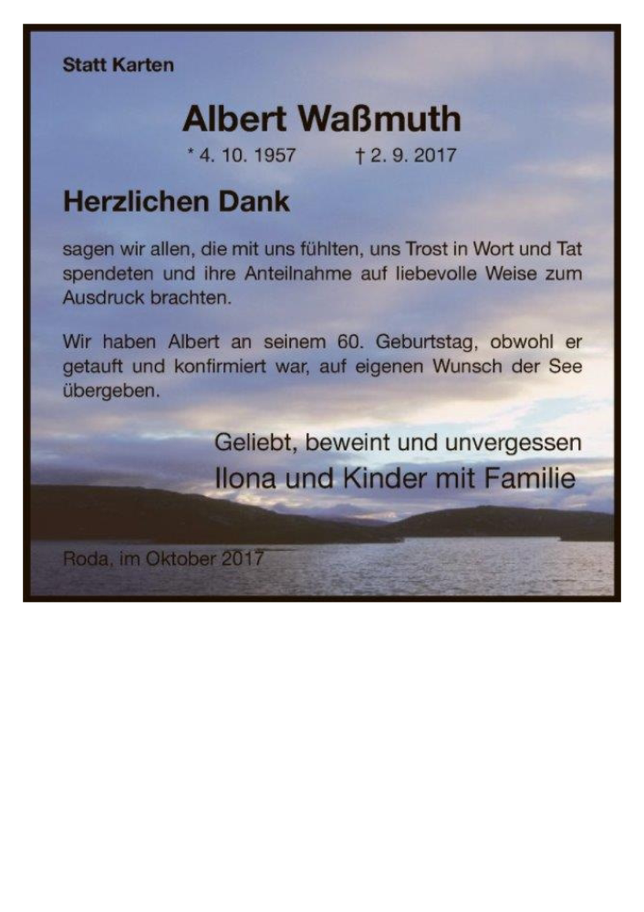  Traueranzeige für Albert Waßmuth vom 19.10.2017 aus HNA
