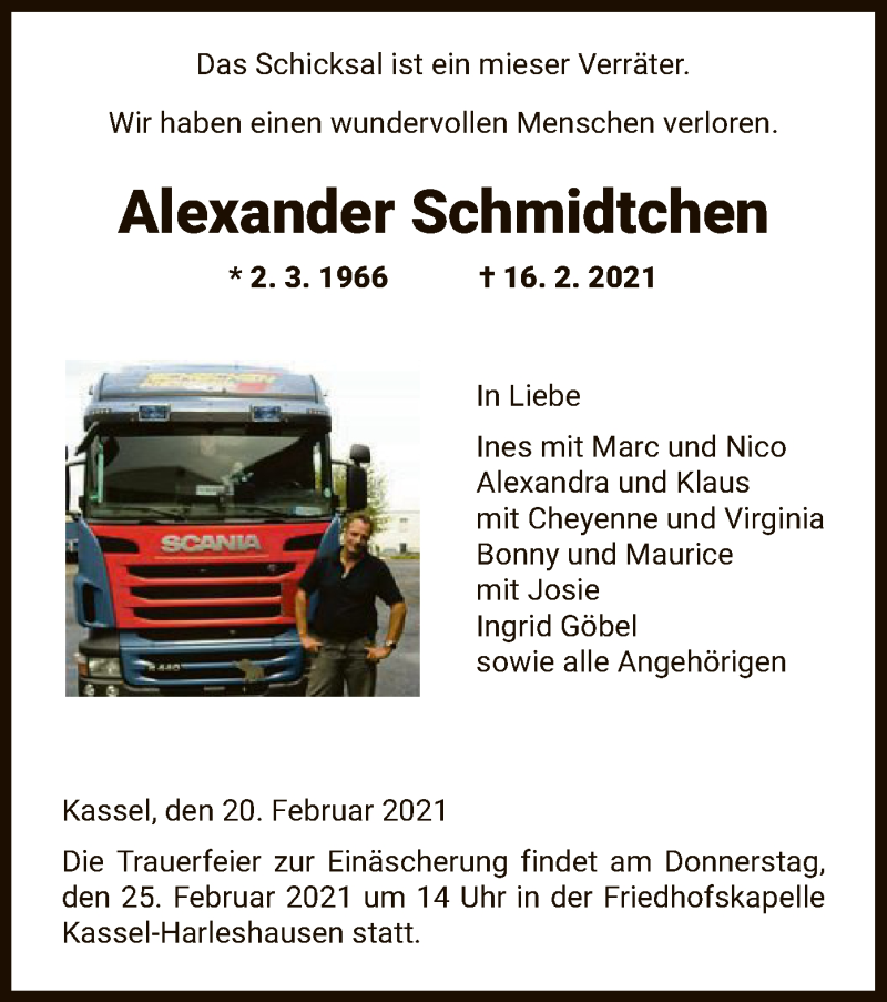  Traueranzeige für Alexander Schmidtchen vom 20.02.2021 aus HNA