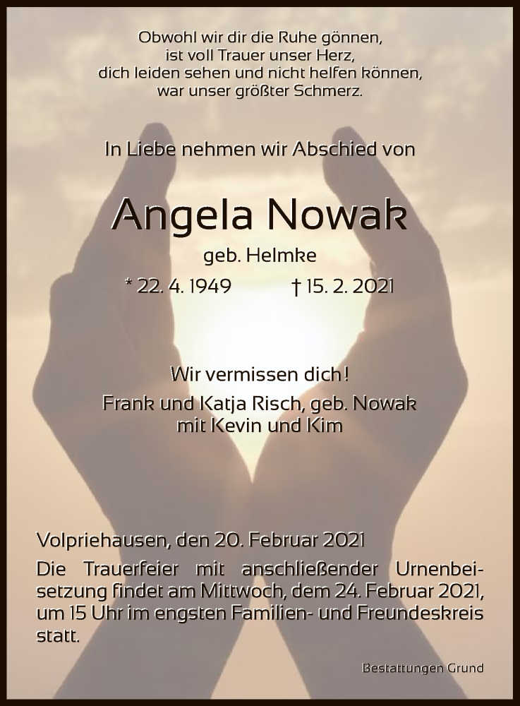  Traueranzeige für Angela Nowak vom 20.02.2021 aus HNA