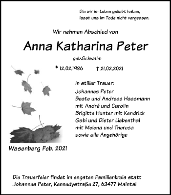 Traueranzeige von Anna Katharina Peter von HNA