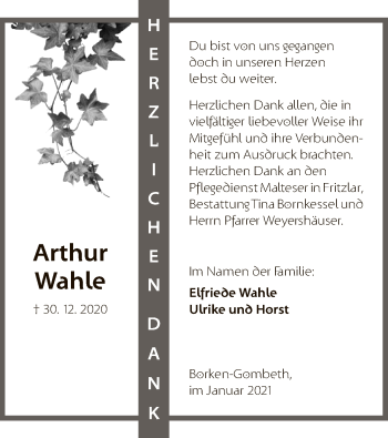 Traueranzeige von Arthur Wahle von HNA