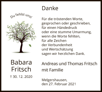 Traueranzeige von Babara Fritsch von HNA