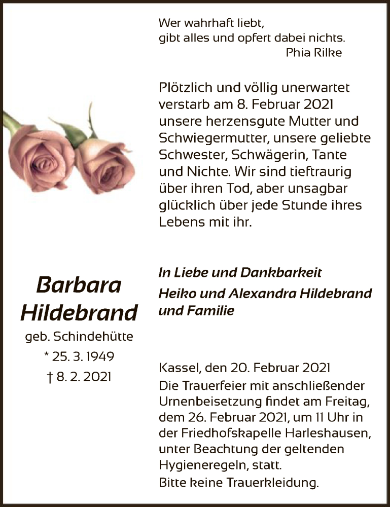  Traueranzeige für Barbara Hildebrand vom 20.02.2021 aus HNA