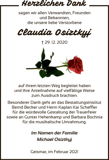 Traueranzeige von Claudia Osiztkyj von HNA