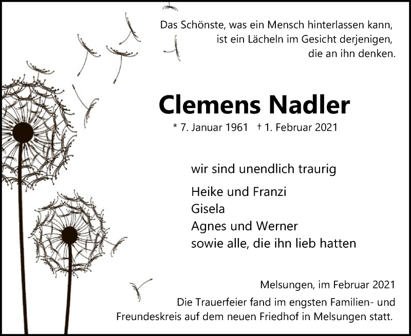  Traueranzeige für Clemens Nadler vom 12.02.2021 aus HNA