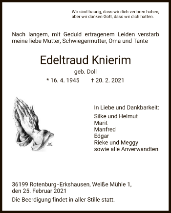 Traueranzeige von Edeltraud Knierim von HNA