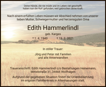 Traueranzeige von Edith Hammerlindl von HNA