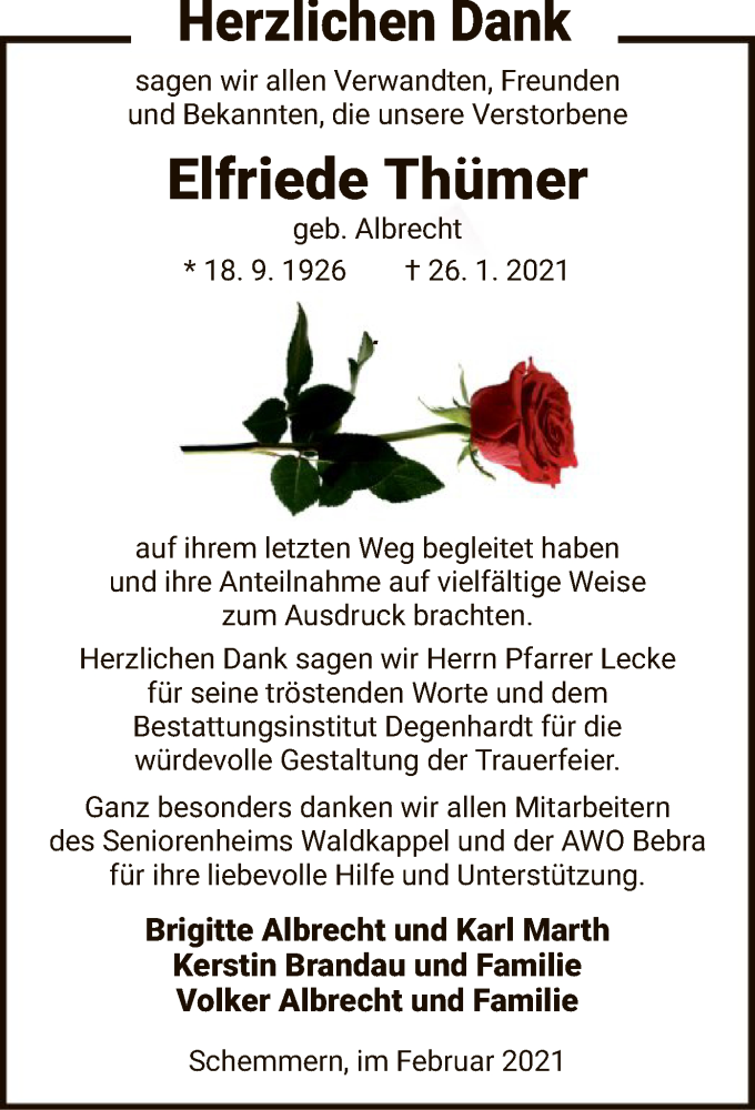  Traueranzeige für Elfriede Thümer vom 27.02.2021 aus HNA
