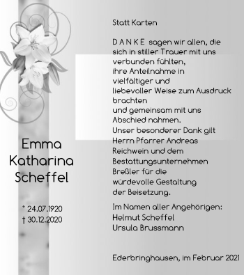 Traueranzeige von Emma Katharina Scheffel von HNA