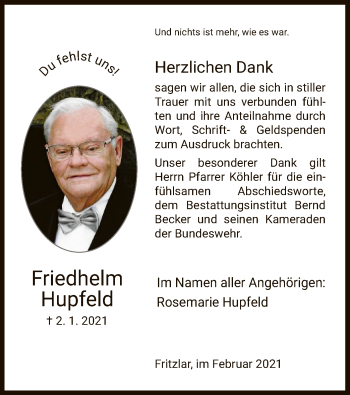 Traueranzeige von Friedhelm Hupfeld von HNA