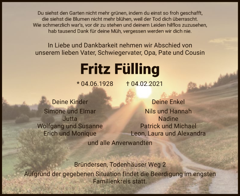  Traueranzeige für Fritz Fülling vom 06.02.2021 aus HNA