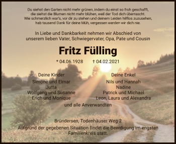 Traueranzeige von Fritz Fülling von HNA