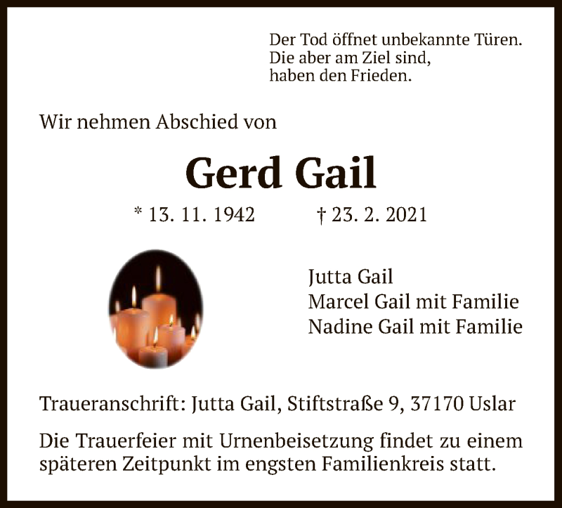  Traueranzeige für Gerd Gail vom 26.02.2021 aus HNA