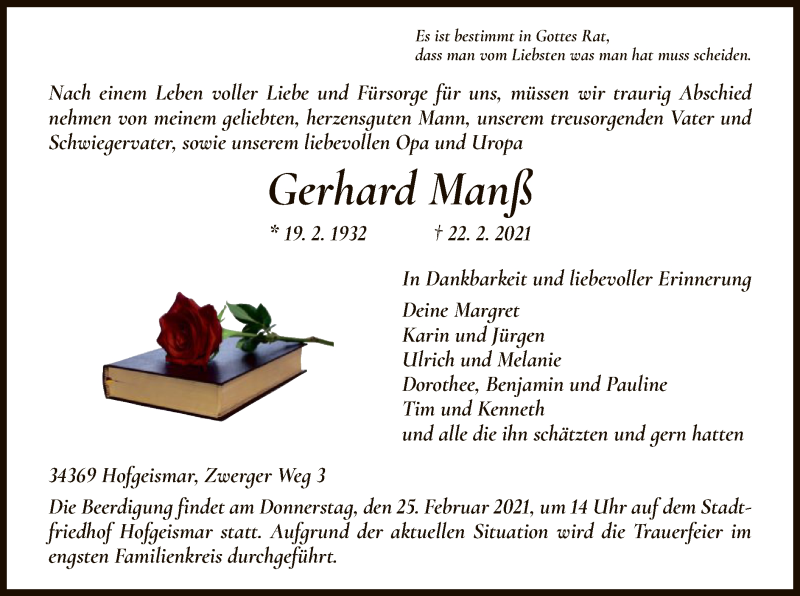  Traueranzeige für Gerhard Manß vom 24.02.2021 aus HNA