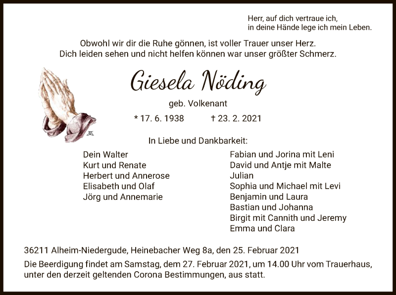 Traueranzeige für Giesela Nöding vom 25.02.2021 aus HNA