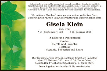 Traueranzeige von Gisela Klein von HNA