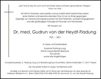 Traueranzeige von Gudrun von der Heydt-Fladung von HNA