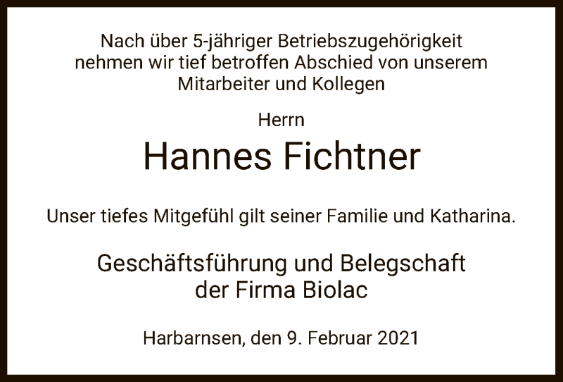  Traueranzeige für Hannes Fichtner vom 20.02.2021 aus HNA