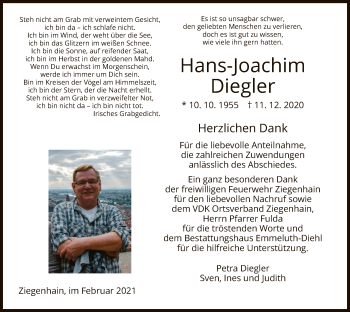 Traueranzeige von Hans-Joachim Diegler von HNA