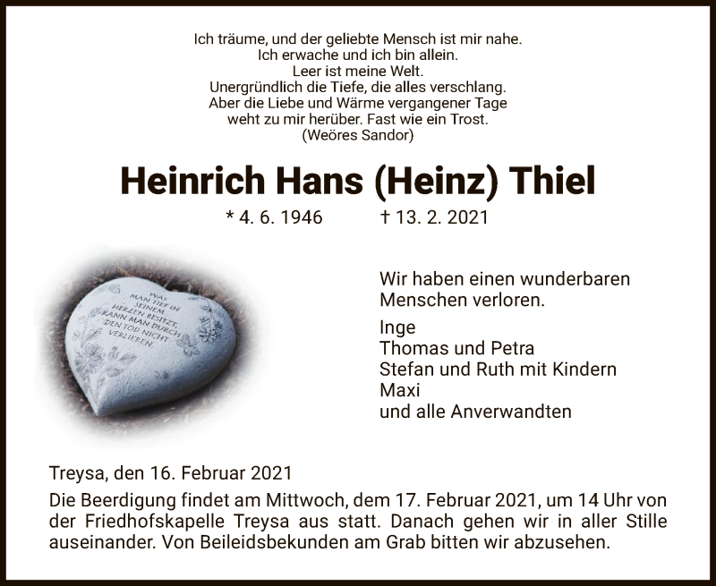  Traueranzeige für Heinrich Hans Thiel vom 16.02.2021 aus HNA