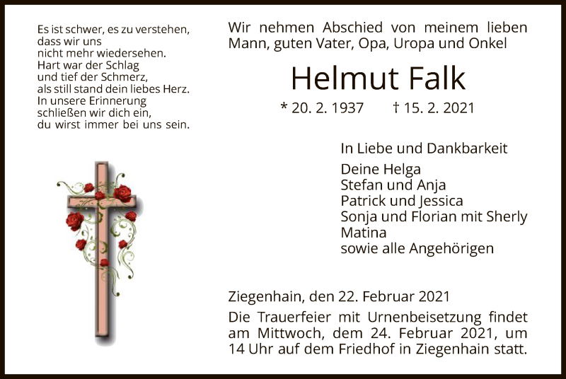  Traueranzeige für Helmut Falk vom 22.02.2021 aus HNA