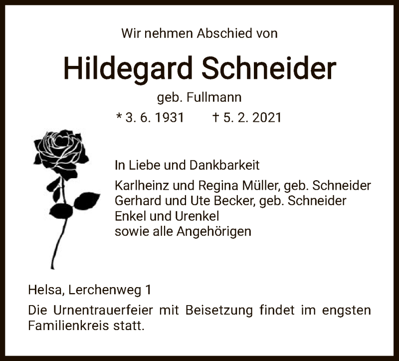 Traueranzeigen Von Hildegard Schneider Trauerhnade