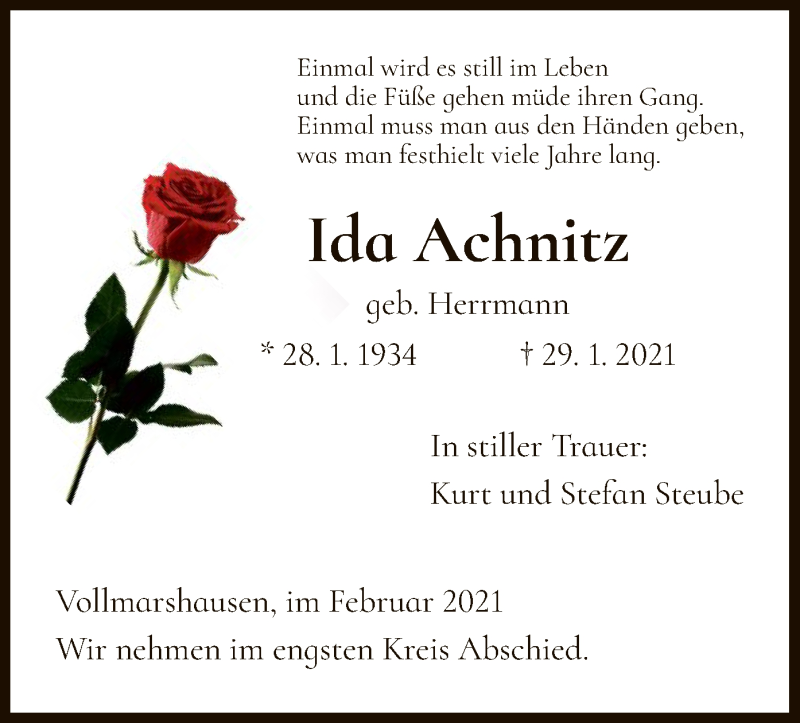  Traueranzeige für Ida Achnitz vom 06.02.2021 aus HNA