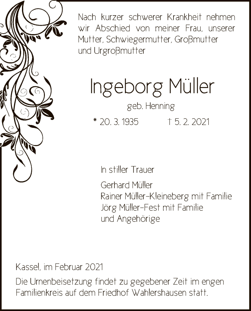  Traueranzeige für Ingeborg Müller vom 18.02.2021 aus HNA
