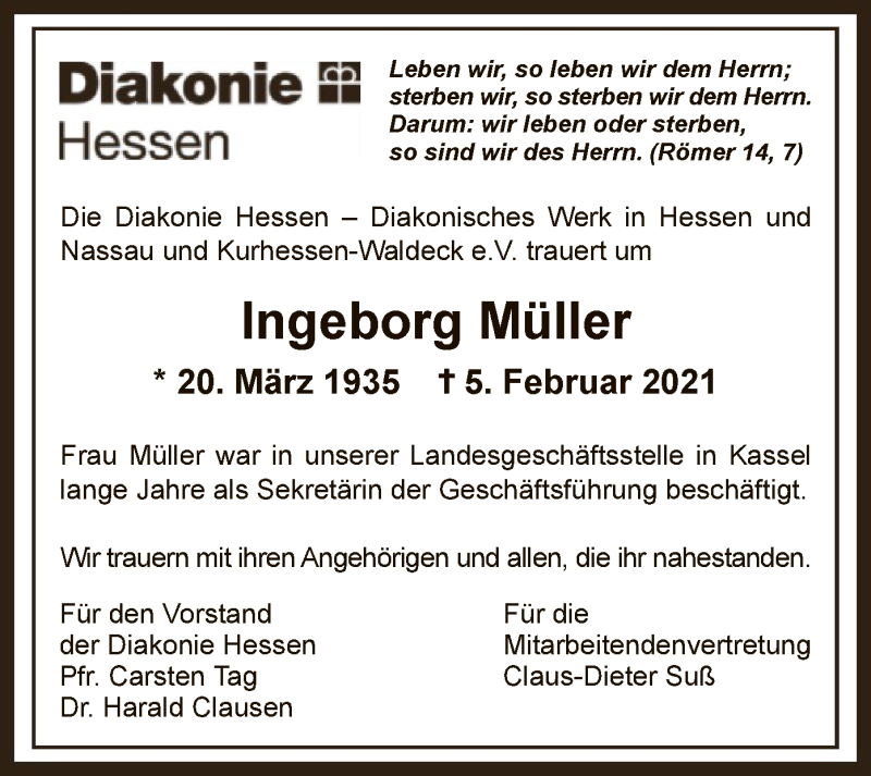  Traueranzeige für Ingeborg Müller vom 27.02.2021 aus HNA