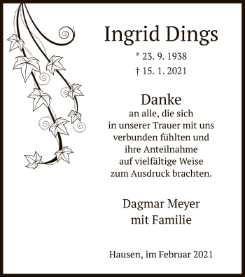 Traueranzeige von Ingrid Dings von HNA