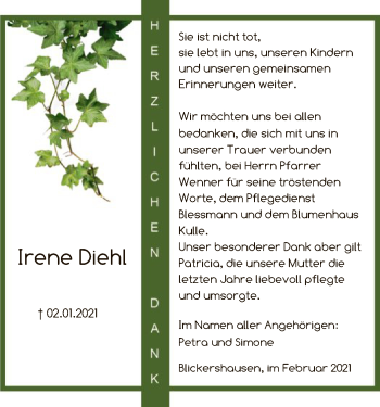 Traueranzeige von Irene Diehl von HNA