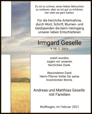 Traueranzeige von Irmgard Geselle von HNA