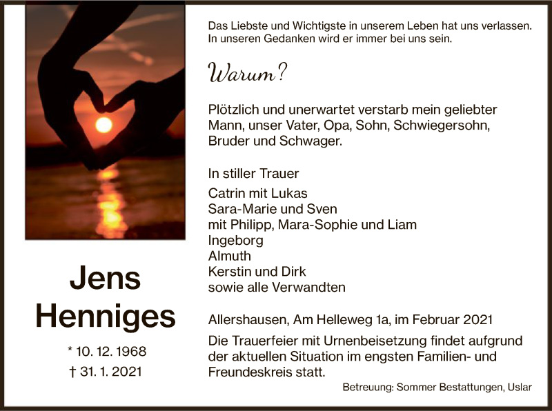  Traueranzeige für Jens Henniges vom 06.02.2021 aus HNA