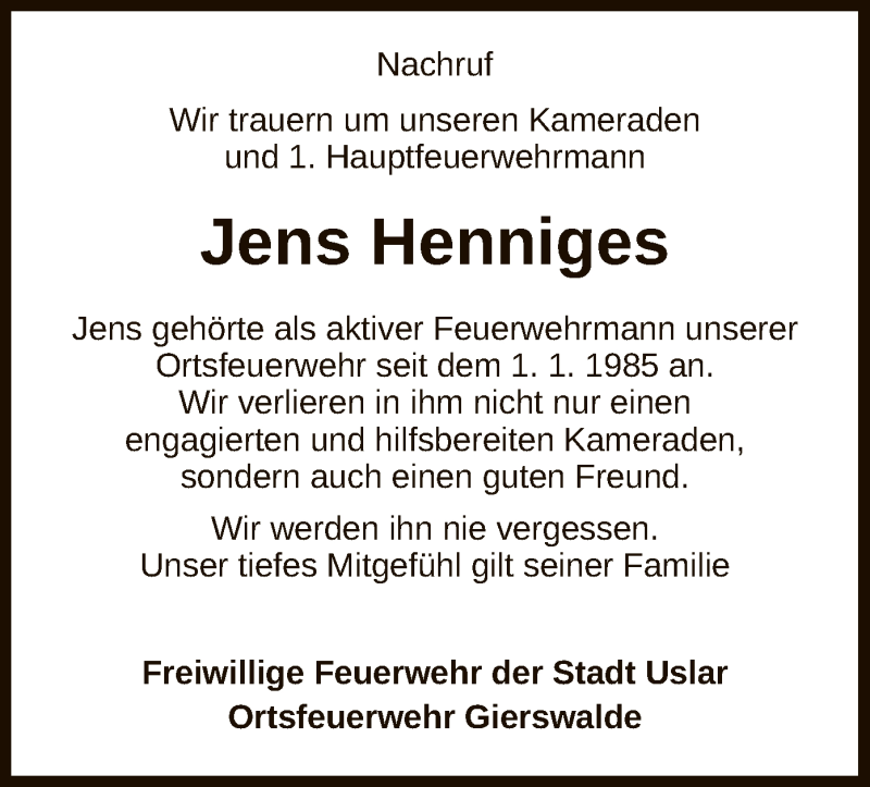  Traueranzeige für Jens Henniges vom 06.02.2021 aus HNA