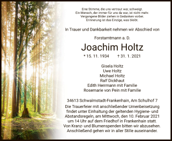 Traueranzeige von Joachim Holtz von HNA