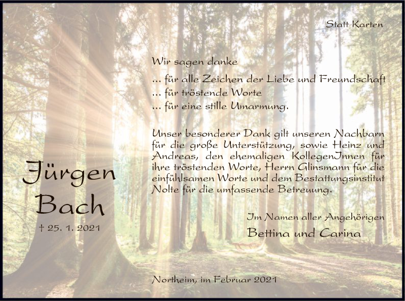  Traueranzeige für Jürgen Bach vom 27.02.2021 aus HNA