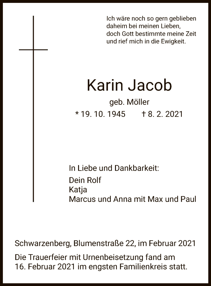  Traueranzeige für Karin Jacob vom 17.02.2021 aus HNA