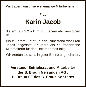 Traueranzeige von Karin Jacob von HNA