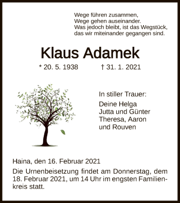 Traueranzeige von Klaus Adamek von HNA