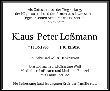 Traueranzeige von Klaus-Peter Loßmann von HNA