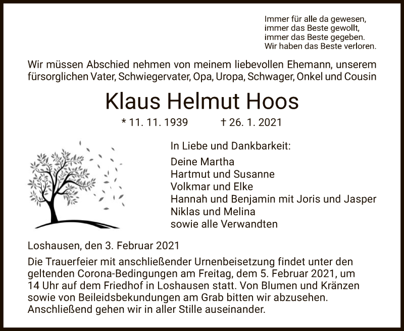  Traueranzeige für Klaus Helmut Hoos vom 03.02.2021 aus HNA