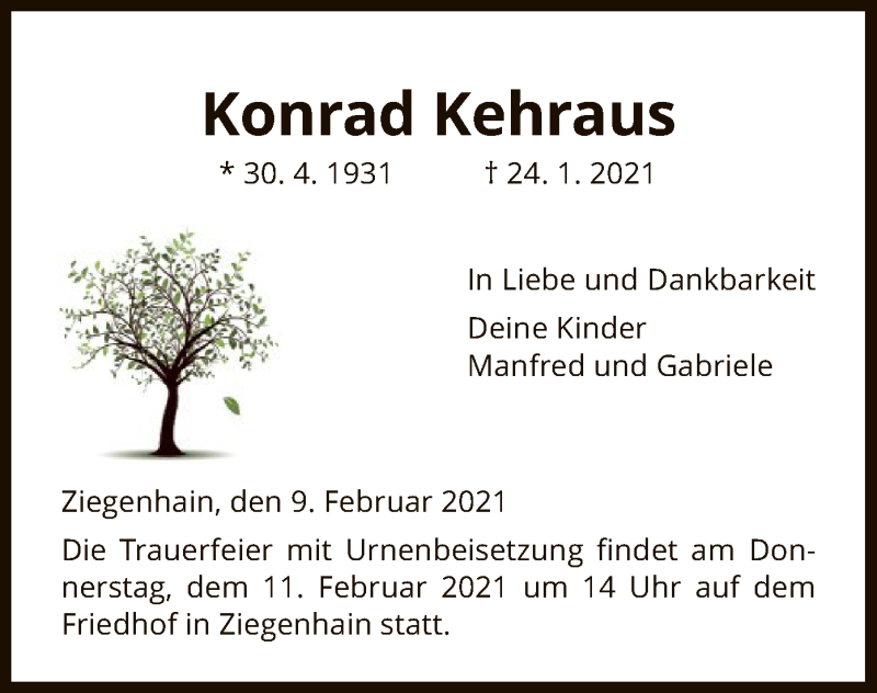  Traueranzeige für Konrad Kehraus vom 09.02.2021 aus HNA