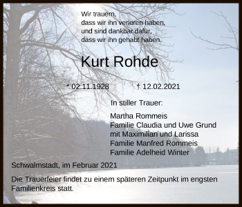 Traueranzeige von Kurt Rohde von HNA