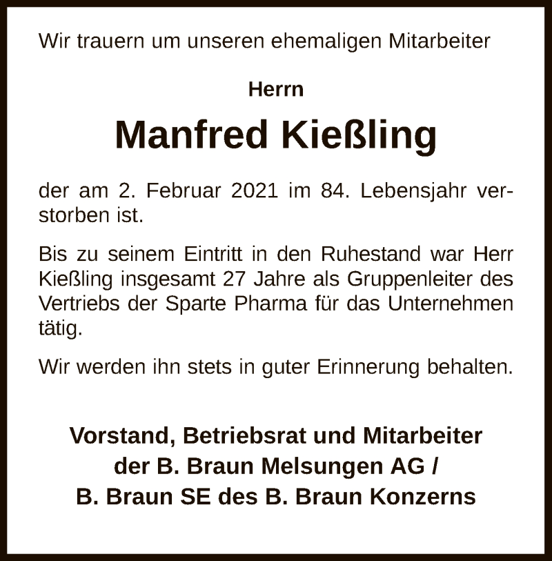 Traueranzeigen von Manfred Kießling | Trauer.HNA.de