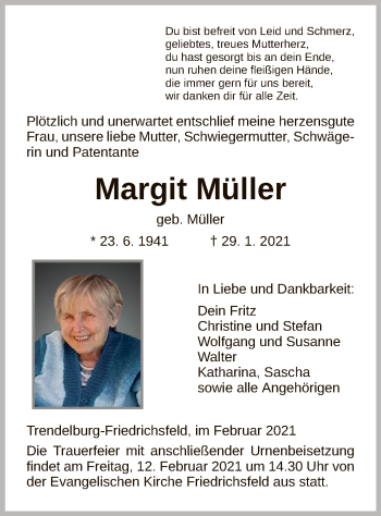 Traueranzeige von Margit Müller von HNA